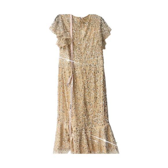 Mac Duggal Nude Silver Sequin Midi Gown Cap Sleeve Ruffle Dress Size 12 NWOT - Picture 8 of 11